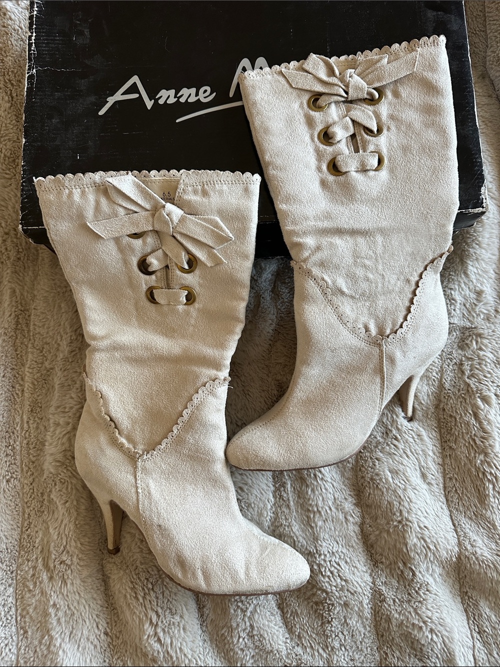 Anne Michelle Cream Lace-Up Mid-Calf Heeled Boots